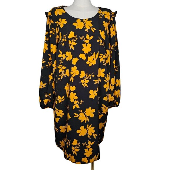 Eloquii Balloon Sleeve Floral Print Midi Dress Black Yellow Womens Plus 20 - Picture 1 of 9